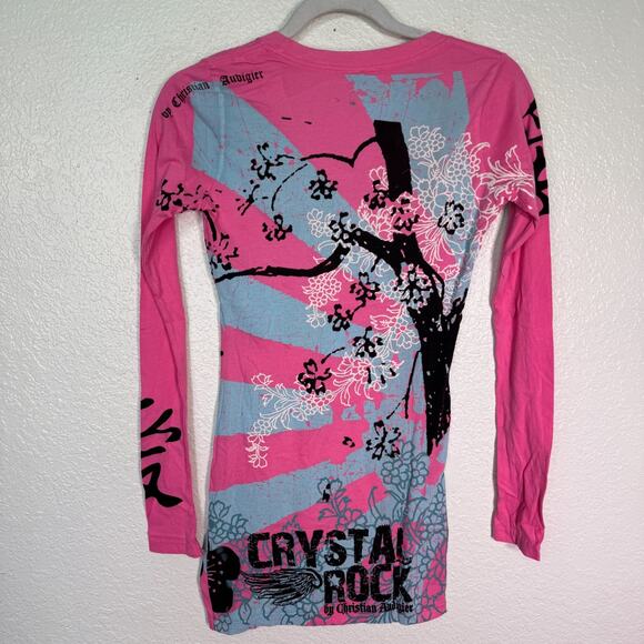 Christian Audigier Crystal Rock Y2K Shirt Womens XS Tokyo Sun Cherry Blossom Tee - Picture 2 of 12